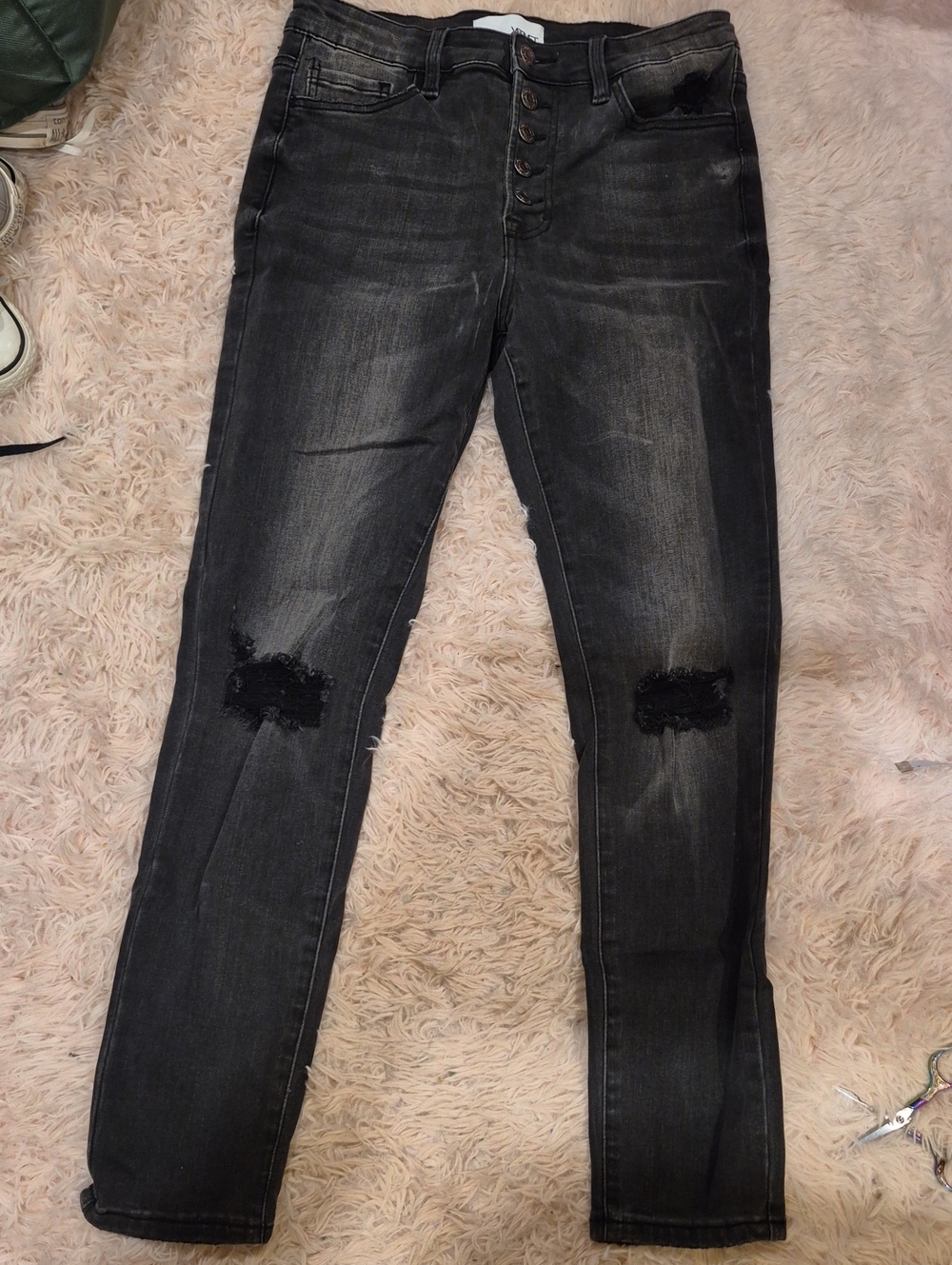 High-Rise Black Washed Skinny Jeans with Distressed Knees